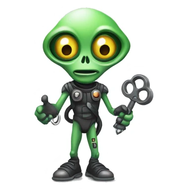 cartoon alien with key in one hand and  powder in the other hand sticker
