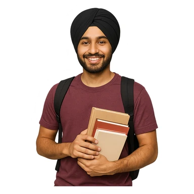 university sikh boy wearing a turban and casual student outfit, holding books, friendly expression sticker