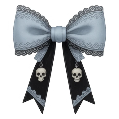 Create a pastel blue gothic bow with lace details, soft blue accents, tiny skull charms, and black velvet ribbons. The image should have no background and be in a general style. sticker