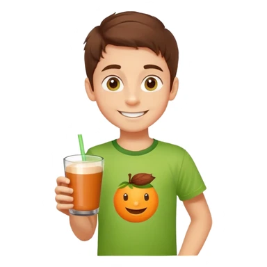улыбающийся мальчик с большими глазами, каштановые волосы, стакан с какао, яркая одежда (желто-зеленая футболка и оранжевые шорты). Основной акцент — на расслабленном и счастливом настроении. Логотип ДРИНКИНС  sticker