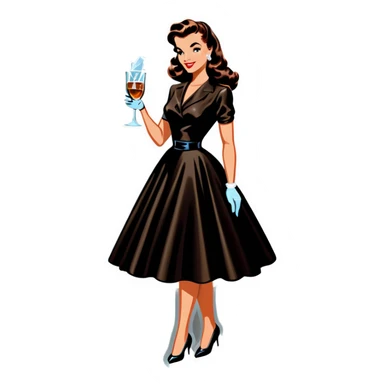 Beautiful woman in 1950’s woman fashion look, black shimmery dress, long dark brown hair, whisky with ice sticker