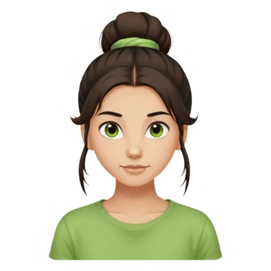a girl with long dark brown hair with one high disheveled bun in light green t-shirt, a slight smile, dark brown eyes sticker