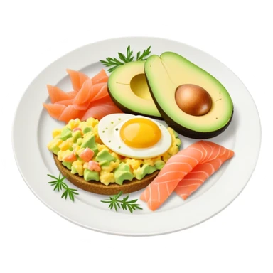 Breakfast plate with avocado, scrambled-eggs and smoked salmon sticker