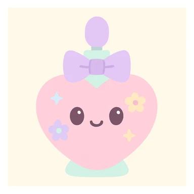 a stylized perfume bottle shaped like a heart, with a bow and floral decorations, radiating a lovely, girly vibe sticker
