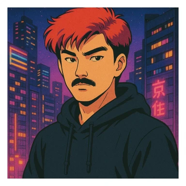 Asian man with black mustache, red hair, black hoodie, in retro-futuristic 80's anime style, city lights background sticker