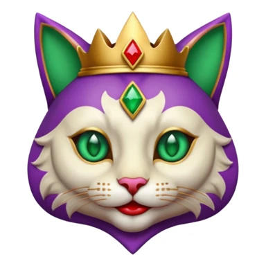 crazy colorful cute little cat jolly joker from poker, medieval, vintage, court jester, mac os icon, purple, gold and red color, half body, emerald green ice eyes, golden earrings. Squared shape as 3D mac os icon, symmetrical sticker