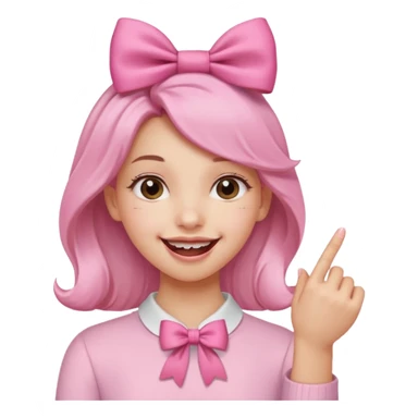 Chica sonriendo con un lazo rosa en la cabeza y mordiendose la punta del dedo indice con delicadeza y la otra mano que no salga sticker