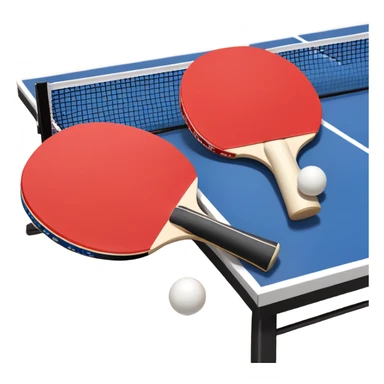 Two table tennis paddles and a ball placed on a ping pong table, with the net in the background. The scene conveys the simplicity and focus of the sport, with vibrant colors highlighting the rackets and ball on the smooth surface of the table. sticker