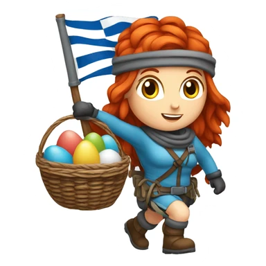 Female winter mountaineer red hair white skin climbing with Greek Flag and Easter eggs basket sticker