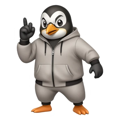 friendly anthropomorphised penguin wearing a mafia-style tracksuit, secretive scheming pose, soprano vibe, angry expression, running aggressively, holding a knuckle duster sticker