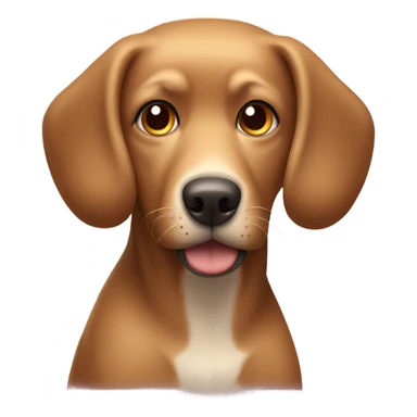 Brown dog with big old head and brown playful eyes wearing a blonde wig with bangs sticker