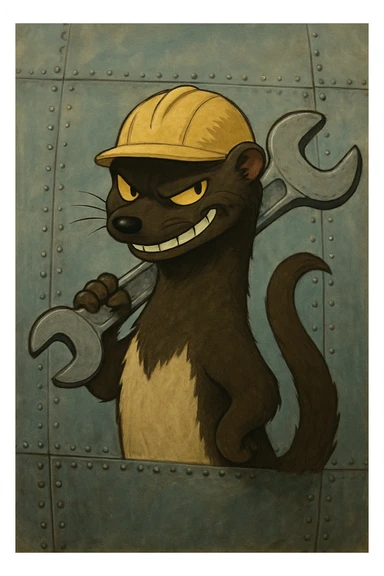 AN ANTHROPOMORPHIC WEASEL WITH A HARDHAT AND A LARGE SPANNER WRENCH - AIRPLANE FUSELAGE nose art 1940s era - he has a very VERY dark and mischevious look in his eye- grinning sticker