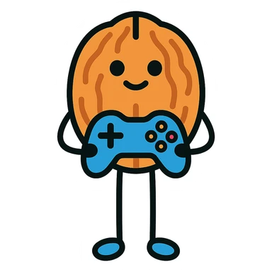 A standing walnut holding a game controller sticker
