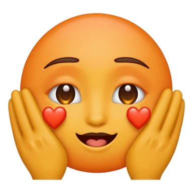 Blushing emoji covering its eyes with its hands. Orange hearts surrounding it  sticker