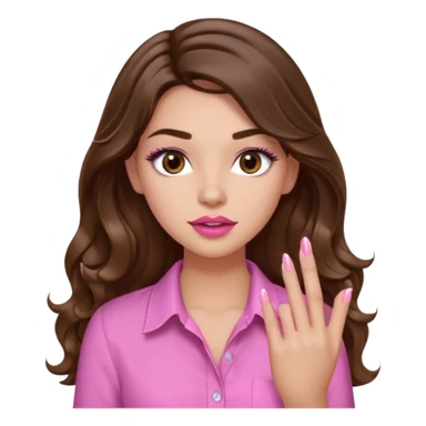 girl with long wavy brown hair, brown eyes, light to medium complexion, in a pink shirt, pink lips, long lashes, puckered lips,  showing  finger nails sticker