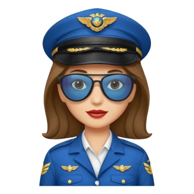 pilote d'avion femme cheveux brun clair avec sunglasses et chapeau de pilote et uniforme bleu sticker