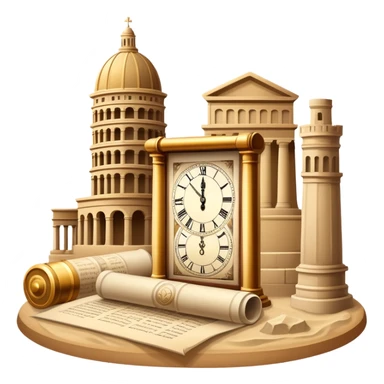 icon featuring ancient scrolls, quill pen with famous historical landmarks and monuments in the background like colliseum. Large, antique sand clocks with sand pouring out represent the passage of time. Historical figures are depicted as statues. Transparent background. sticker