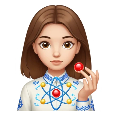 a Ukrainian girl with brown hair in an embroidered shirt and an atom sticker