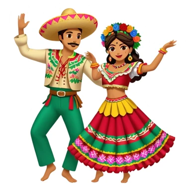 Cinematic Realistic scene of two performers dancing the Jarabe Tapatío, dressed in colorful traditional Mexican costumes with intricate embroidery, captured in energetic, festive motion with vibrant, celebratory lighting sticker