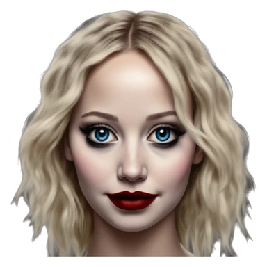 Mega Jennifer Lawrence in Harley Quinn style, oil paint, mysterious eyes, intricate lips, masterpiece portrait, odd perspective, beautiful, desirable, logical sticker