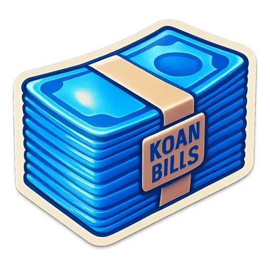 a massive bound stack of blue-and-white banknotes, koan bills , 90s futuristic sticker