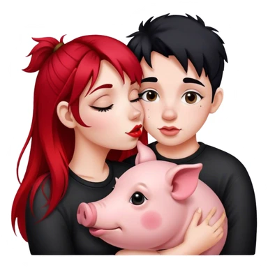 Girl with split dye black and red hair split dyed down the middle. She is kissing a cute pig  sticker