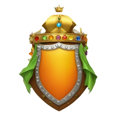 Flag: white left, orange right. Center: shield with golden crown, colorful gems. Shield: golden border, yellow background. Creature: lion upper, brown; dragon lower, green scales. sticker
