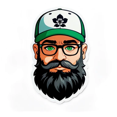 A bold man with a grey baseball cap, green eyes, big beard and glasses, holding flowers sticker