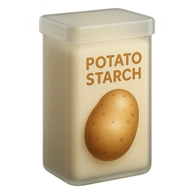 Make the potato starch box match the form and proportions of the reference image: a tall, rectangular box with a flat top and rounded edges, similar to the cornstarch box shown. Keep the box beige or pale yellow, with a potato illustration and the label 'POTATO STARCH' in warm-colored letters. Minimal, clean, 3D, soft lighting, transparent background, emoji scale. sticker