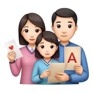 una madre y un padre chinos con su hija la cual tiene un papel con un A+ en la mano sticker