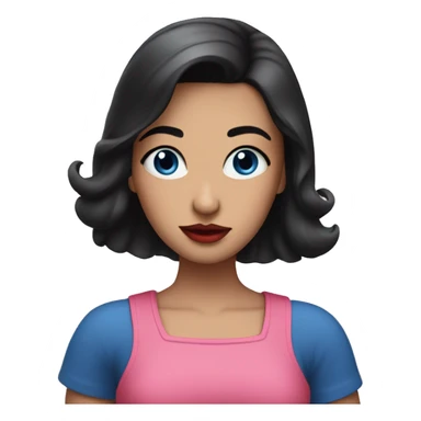 A girl with black hairand blue eyes and red lips and pink top and blue skirt sticker