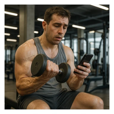 hyper realistic man in gym doing high repetitions, distracted looking at phone, atmosphere of inefficacy, anatomical details, modern gym background sticker