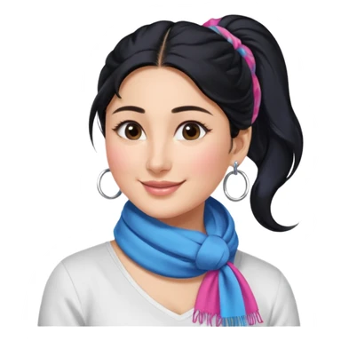 generate a pretty bratz emoji that looks like Kareena Kapoor's Geet character. 
Make her wear a white shirt with a colorful blue-pink scarf wrapped around her neck. smiling big. Black hair tied into a side part ponytail, silver hoops and no necklace

She should look exactly  like Kareena Kapoor sticker