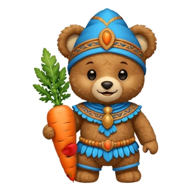 teddy bear, wearing blue mayan ancient custome, with carrot half body sticker