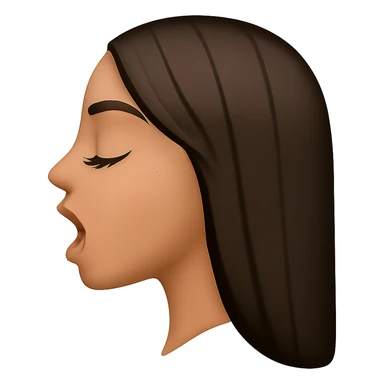 Create a side view (profile) of this woman's head in the normal iPhone emoji style, with closed eyes, long eyelashes, an open mouth, smooth shading, no outlines, and long dark hair. This is variant 3. The style should mimic the iPhone emoji style with smooth shading and no outlines. sticker