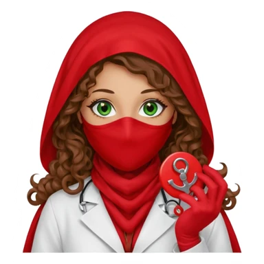 Lilith symbol sexy evil woman. She has green eyes.  had brown long curly hair.  evil surgeon kills with scalpel wears red sexy doctor coat with red mouth cover red gloves. Covers nose, neck  and mouth with Muslim red berka sticker