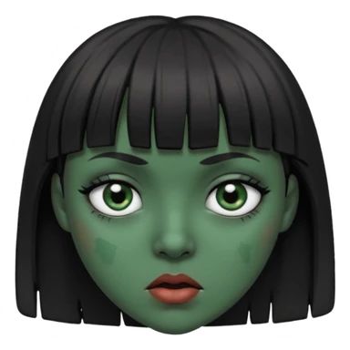 Mulher de franja cabelo preto pele verde bem escuro com a cara machucada com os olhos regalado fundo escuro sticker