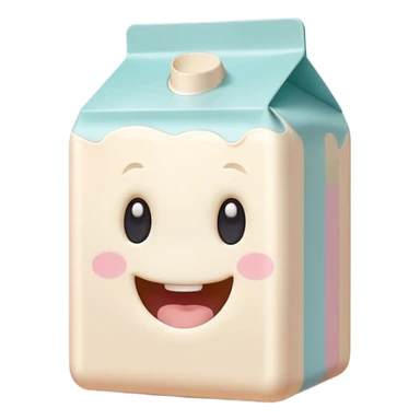 Cinematic adorable milk carton, soft pastel colors, tiny rounded edges, chubby smiling face, warm glowing highlights, gently tilting in a playful pose. sticker