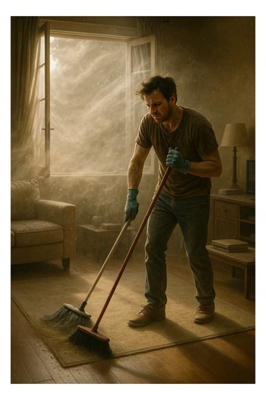 A realistic, cinematic image of a person cleaning a living room with a mop and broom, windows wide open letting in a strong gust of wind. Through the open windows, thick clouds of dust, pollen, and small debris visibly swirl into the room, floating in sunbeams that highlight the particles in the air. The person looks frustrated and tired, mid-action sweeping but clearly battling the incoming dust. Around the room, some furniture and surfaces already show a thin layer of dust settling. The scene is bathed in natural daylight with a slightly hazy atmosphere due to the airborne dust. The color palette uses warm, muted tones emphasizing the contrast between cleanliness efforts and the stubborn dirt and dust invading the space. The focus is on the tension between trying to clean and the unavoidable mess coming in from outside. sticker