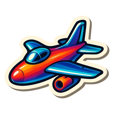retro sticker-style jet airplane with thick outlines, strong shadows and highlights, vibrant glossy look, bold expressive slightly three-dimensional style like lips with strawberry illustration sticker