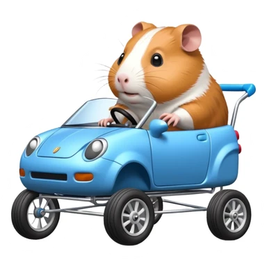 Spectral Racing car whose frame and suspension is made of shopping cart material with a large rear spoiler is being professionally steered driven by a small thin Guinea pig  sticker