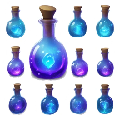 Design a small, round potion bottle with sparkling, glowing liquid inside, in shades of blue and purple, with a fantasy RPG vibe. sticker
