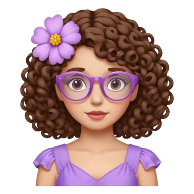 Menina branca de cabelo cachado castanho partido de lado com uma flor no cabelo  e vestido lilás com um óculos rosa claro sticker