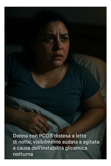 realistic and cinematic style image of a woman with PCOS in bed at night, visibly sweaty and agitated due to nocturnal glycemic instability, nighttime atmosphere, detailed realism, Italian captions, vertical 2:3 format sticker