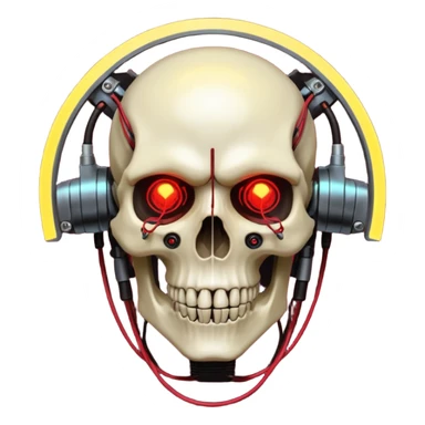 Cyberpunk shield, skull with cybernetic implants, glowing wires, dark yellow and red tones, no background sticker