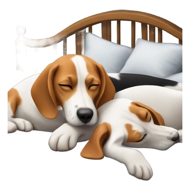 Three beagles laying in a bed surrounding a man who is asleep sticker