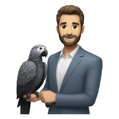White Man with dark brown pompadour hair and dark brown short beard riding on top of a giant african grey bird sticker