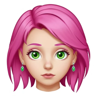 white girl with bright pink hair and hazel green eyes and a nostril piercing sticker