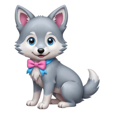 an animated gif-style sticker emote of a wolf puppy in a play-bow wagging its tail in a smooth, natural arc over its back. It has a pink bow on one ear and bright blue eyes sticker