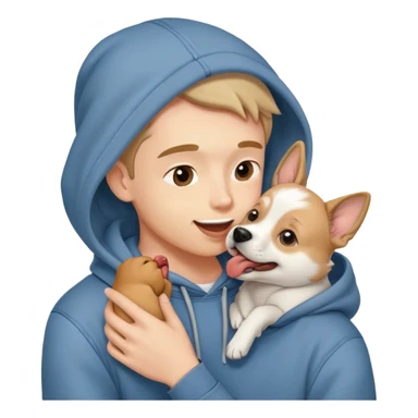 Cute dog lover boyfriend with soft smile, wearing hoodie and jeans, one dog licking his face sticker